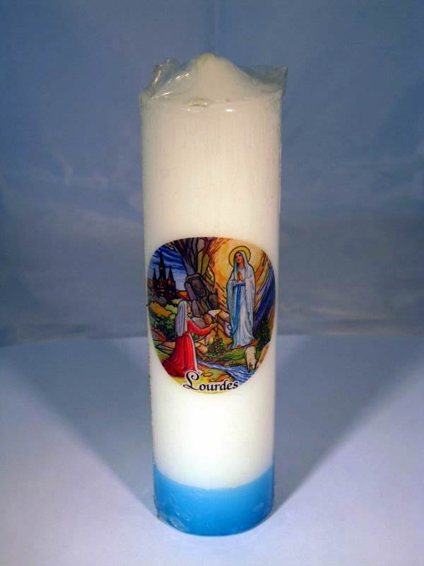 White and blue candle with image of Apparition miracle
