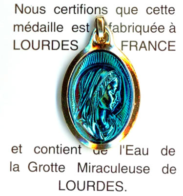 Golden and enamel oval Virgin medal with Lourdes Water