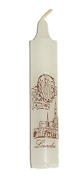 White candle with image of Apparition miracle