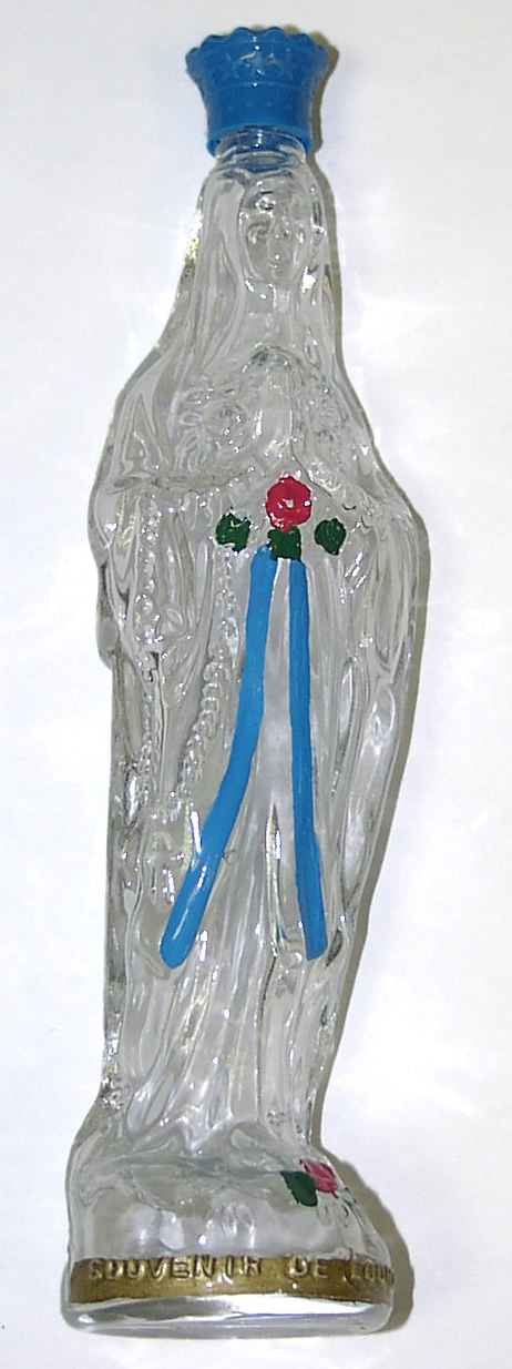 Large glass transparent Virgin Mary filled with Lourdes Water
